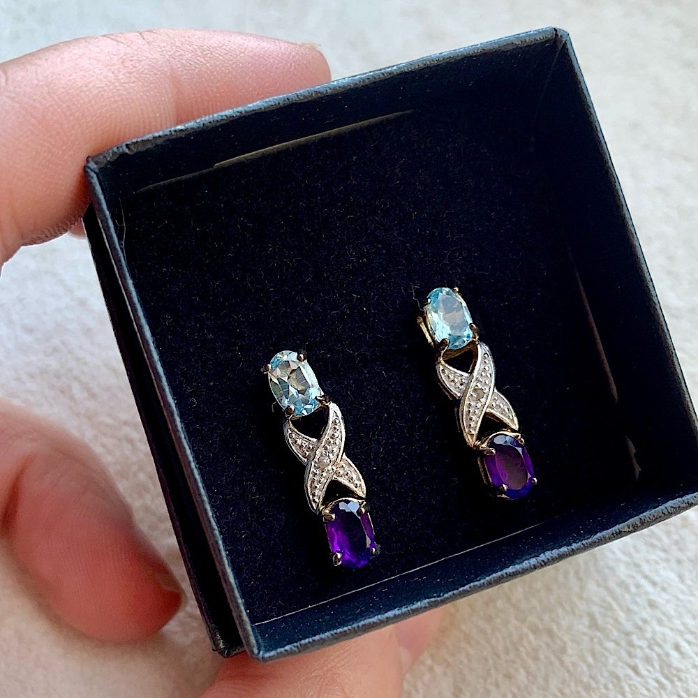 5CT AMETHYST & BRILLIANT DIAMONDS SWISS BLUE TOPAZ 18K GOLD EARRINGS !!